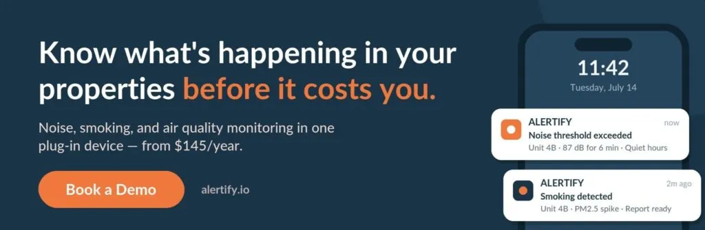 Διαφημιστικό banner Alertify με το κείμενο «Know what is happening in your properties before it costs you», δίπλα σε ένα κινητό που δείχνει ειδοποιήσεις θορύβου και καπνίσματος.